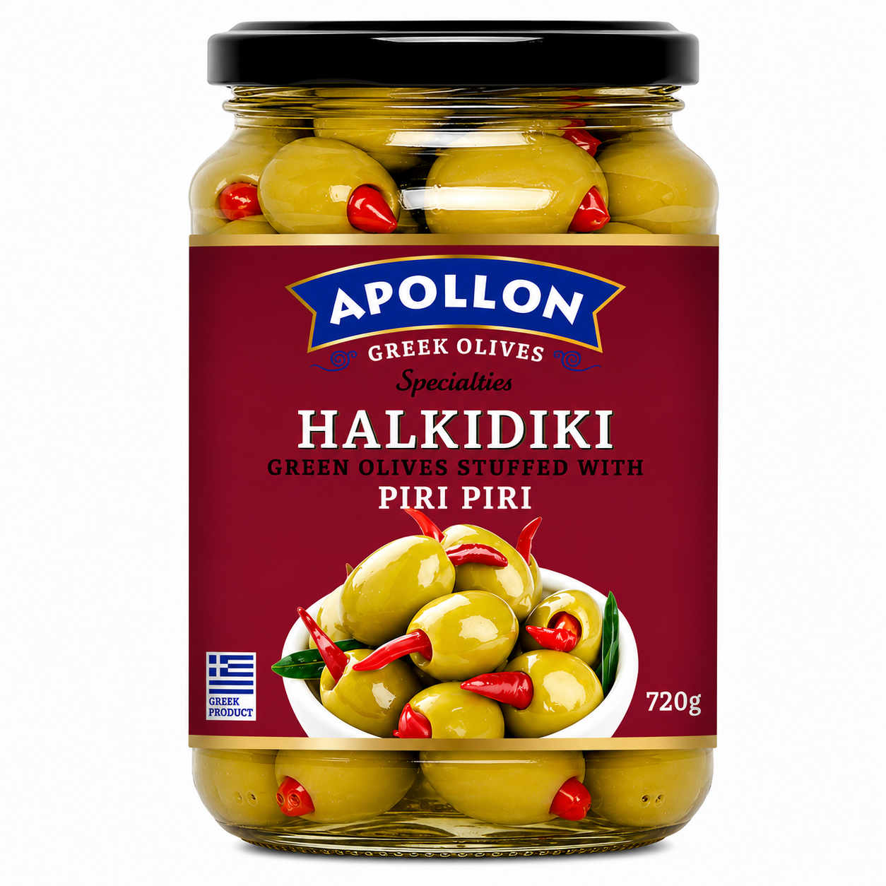 APOLLON zelené olivy plněné paprikou piri piri 720 g