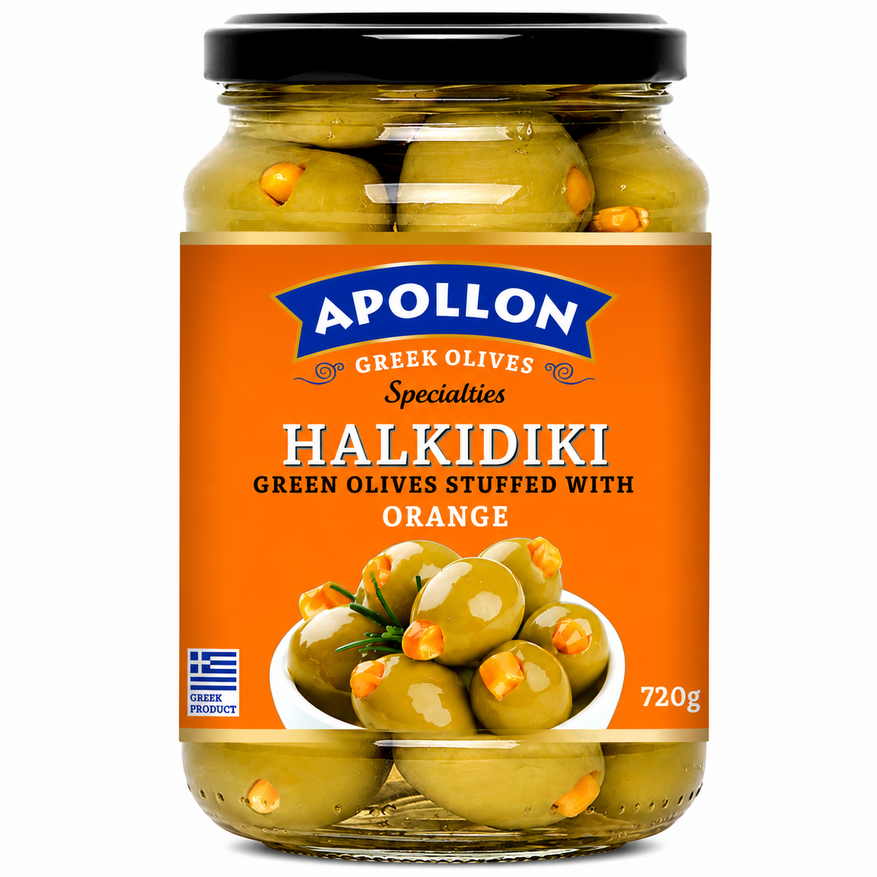 APOLLON zelené olivy plněné pomerančem 720 g
