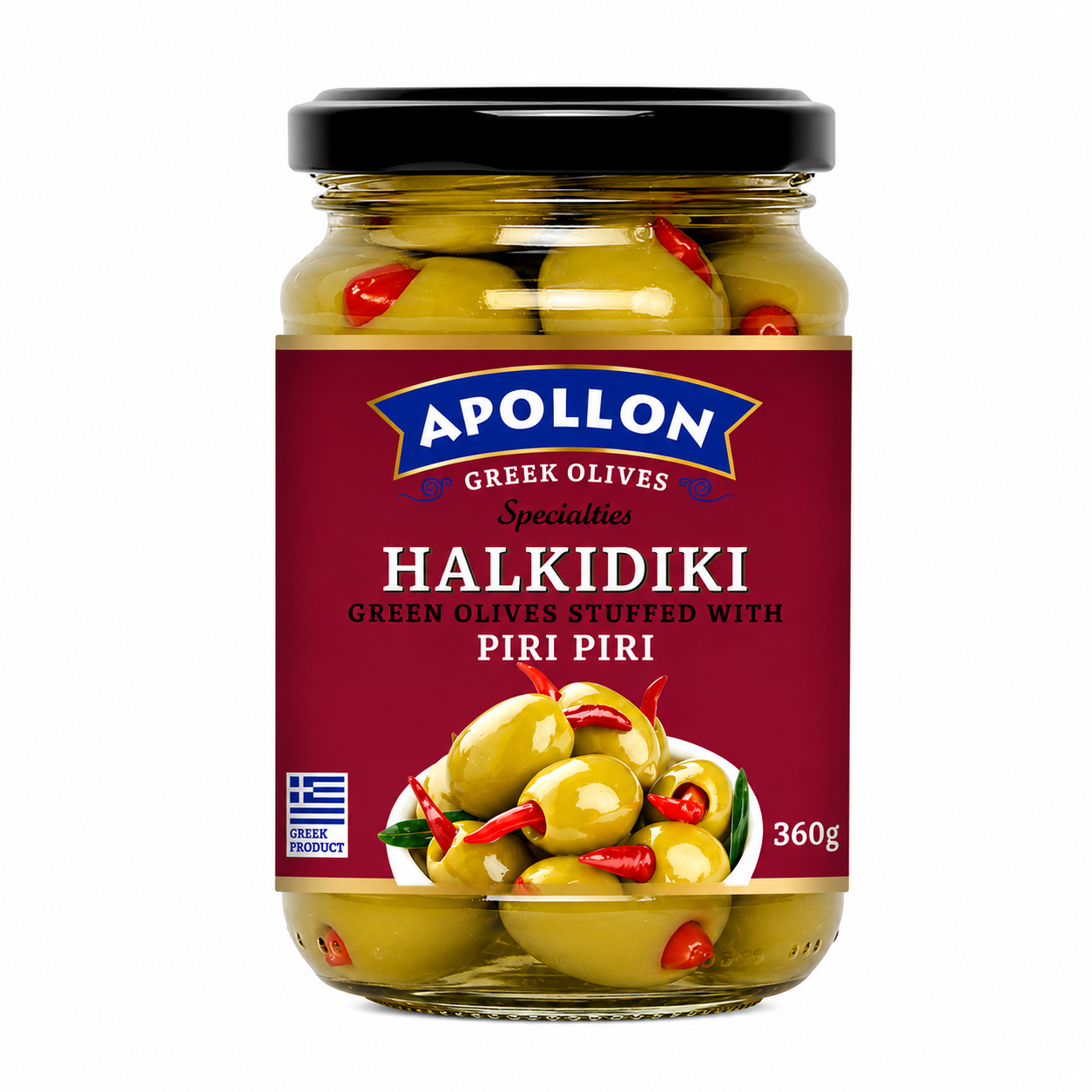 APOLLON zelené olivy plněné paprikou piri piri 360 g