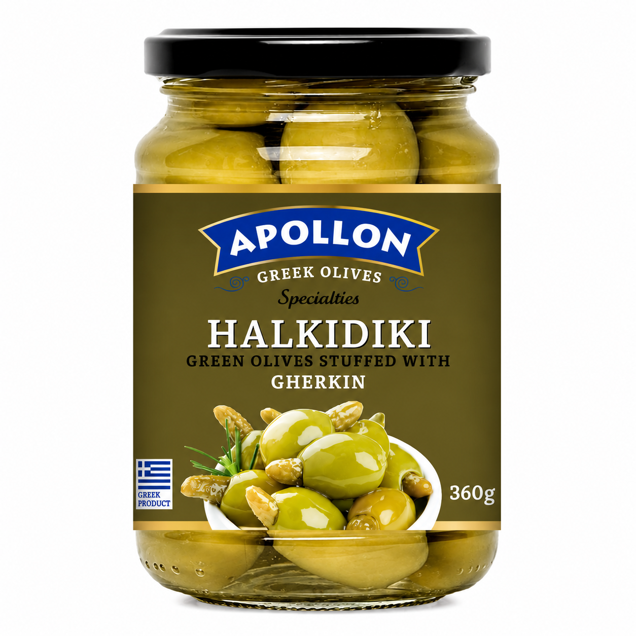 APOLLON zelené olivy plněné nakládanou okurkou 360 g