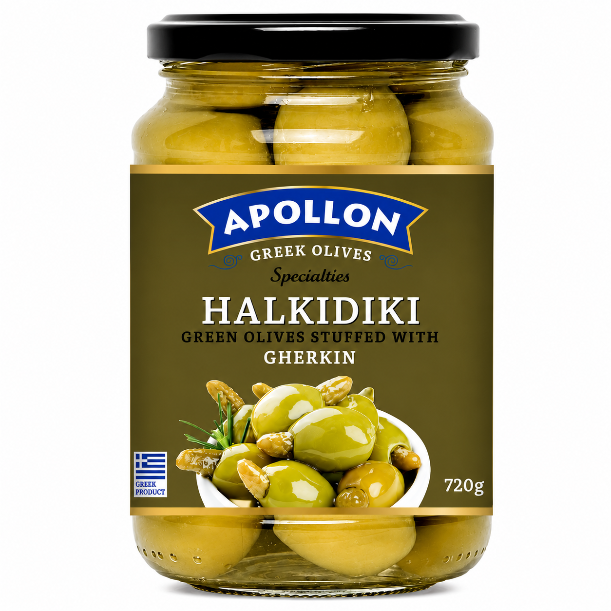 APOLLON zelené olivy plněné nakládanou okurkou 720 g