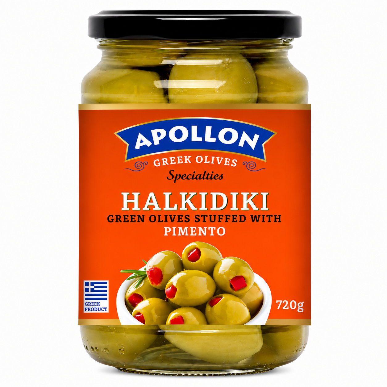 APOLLON zelené olivy plněné paprikovou pastou 720 g